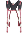 Front view of padded yoke leather suspenders for pros, heavy duty top grain leather, 1680D nylon, contoured yoke, brown.