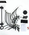 Parts of an Industrial Candle Chandelier In Black Iron With Eight Lights for assembly, showing black iron arms and fixtures.