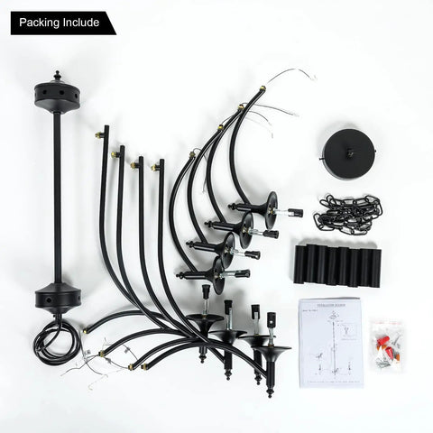 Parts of an Industrial Candle Chandelier In Black Iron With Eight Lights for assembly, showing black iron arms and fixtures.