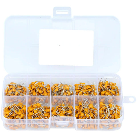 500 Piece Ceramic Capacitor Kit With 10 Value Assortment From 0.1uF To 10uF, 50V, Tolerance 10 Percent, clear case compartments