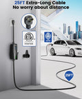 Level 2 EV Charger With NEMA 14-50 Plug 32A 25Ft Cable Portable 208V 240V EVSE For Home Use UL Listed Adjustable Current App ETL Certified Heavy Duty Easy Plug In Your Ride showing charging cable and plug in garage