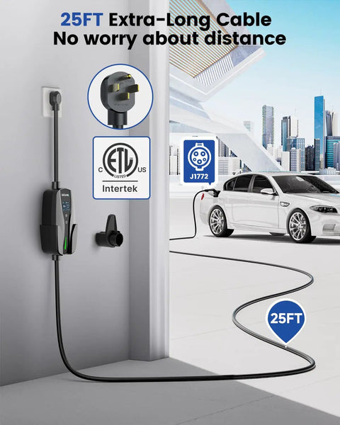 Level 2 EV Charger With NEMA 14-50 Plug 32A 25Ft Cable Portable 208V 240V EVSE For Home Use UL Listed Adjustable Current App ETL Certified Heavy Duty Easy Plug In Your Ride showing charging cable and plug in garage