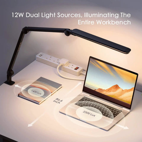 Lit LED Desk Lamp With Clamp And Remote Control illuminating a desk with a laptop and book, flexible swing arm, dual light modes