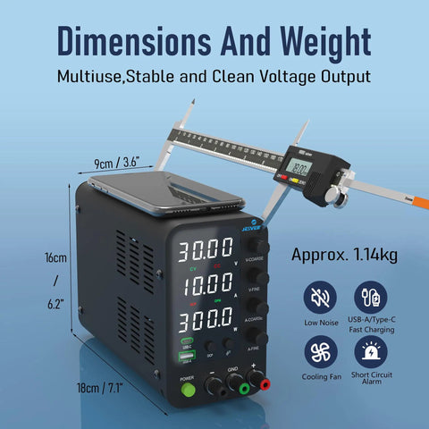 Variable DC Power Supply 0 To 32V 0 To 10A Switching Bench Power Supply dimensions with digital caliper and features displayed