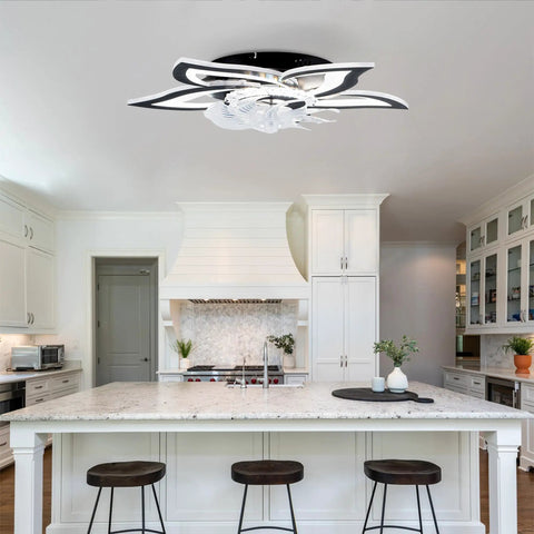 5 Pc Ceiling Fan with Lights Remote Control 24 inch Black 6 Speeds 3 Light installed in modern kitchen ceiling.