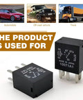 Two Piece Fuel Pump Relay Set Featuring Heavy Duty 12 Volt 30 Amp Wiring with IP67 build shown with automobile, off-road vehicle, and truck.