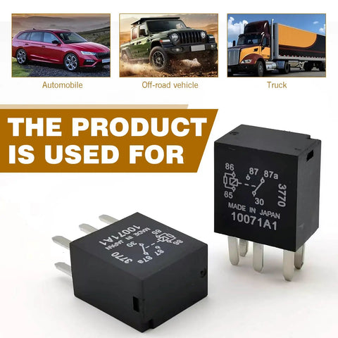 Two Piece Fuel Pump Relay Set Featuring Heavy Duty 12 Volt 30 Amp Wiring with IP67 build shown with automobile, off-road vehicle, and truck.