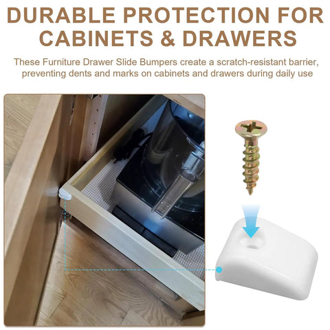 Solid As A Rock Nylon Drawer Bumper Pads With Slick Glide Slide Spacers For Roll Out Shelves Zero Dings On Cabinet Doors Easy Install Includes Mounting Screws in a kitchen drawer with a screw visible.