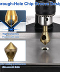 Badass Heavy Duty Titanium Countersink Drill Bit Set With Precision Chamfer Cone Tools For Metal Woodworking Bevel Grinding 4 Piece 2 To 20mm Range Pro Shop Ready Machining Kit showing through-hole chip groove design for smooth drilling.