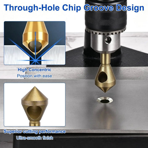Badass Heavy Duty Titanium Countersink Drill Bit Set With Precision Chamfer Cone Tools For Metal Woodworking Bevel Grinding 4 Piece 2 To 20mm Range Pro Shop Ready Machining Kit showing through-hole chip groove design for smooth drilling.