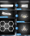 Hexagon LED Garage Light 168W 5 Grid Kit With 18480LM Ultra Bright 6500K Daylight Output, No Fuss Install components layout