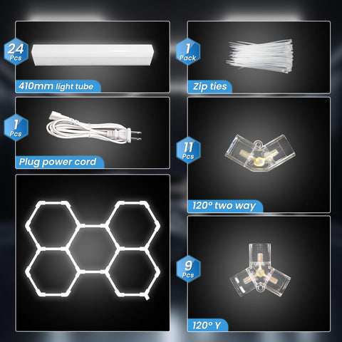 Hexagon LED Garage Light 168W 5 Grid Kit With 18480LM Ultra Bright 6500K Daylight Output, No Fuss Install components layout
