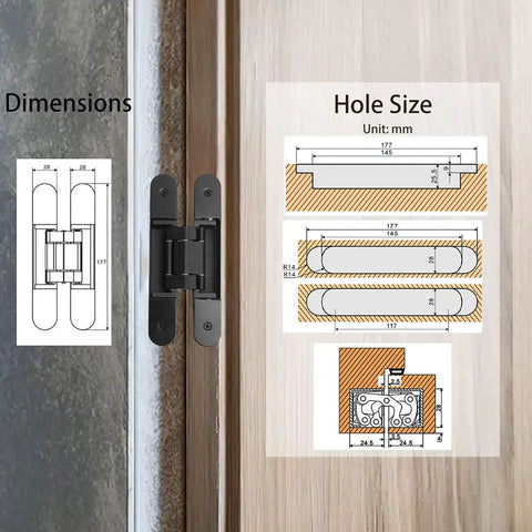 Hidden Door Hinges 2-Pack 7 Inch Black Heavy Duty Concealed Zinc Alloy Invisible Hinges With 180 Degree Swing Hole Size Diagram