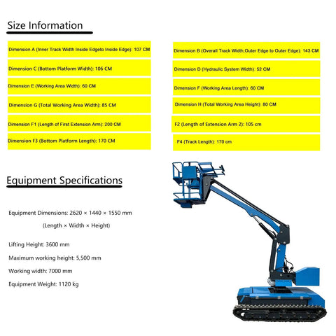 Compact Crawler Workhorse Offering Eighteen Foot Reach And Solid 660 Pound Capacity Self Propelled Rubber Tracked frame with detailed dimensions.