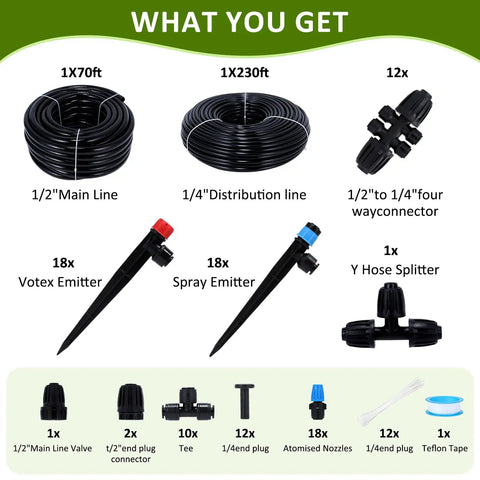 Components of Three Hundred Foot Drip Irrigation Kit For Lawn And Garden With Seventy Foot One Half Inch Main Line And Two Hundred