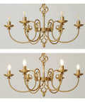 Gold Farmhouse Chandelier With Six Candle Style Lights, Rustic Industrial Pendant Light, antique brass finish, front view