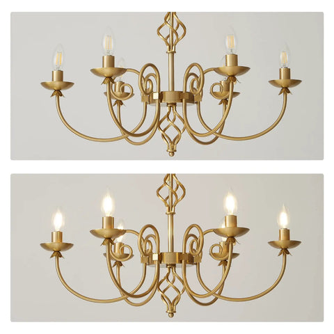 Gold Farmhouse Chandelier With Six Candle Style Lights, Rustic Industrial Pendant Light, antique brass finish, front view