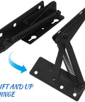 One Pair Built Tough Spring Loaded Door Hinges For Cabinets And Folding Sofas Heavy Duty Steel Construction With Wear Resistant Finish No Sliding Wire Design Black Finish Easy Upgraded Cabinet Hardware With Smooth Quiet Operation on white background showing closed and opened positions with labeled lift and up hinge