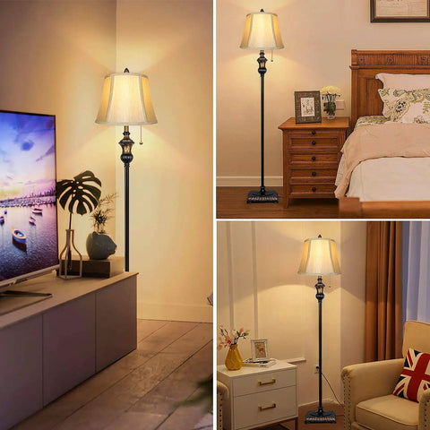Retro Chic Classic Floor Lamp With Bronze Fabric Shade, Tall Rustic Pole Light in Living Room, Bedroom, and Office settings.