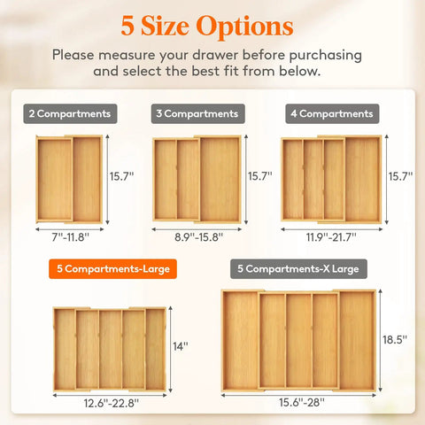 Expandable Kitchen Utensil Organizer Drawer Tray With Natural Wood Finish And Adjustable Dividers size options chart
