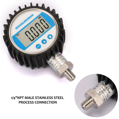 Digital Pressure Gauge With 3-1/8 Inch Dial, 0-100 Psi Bar MPa KPa Readout, 1/4 Inch NPT Lower Mount, Backlit Display
