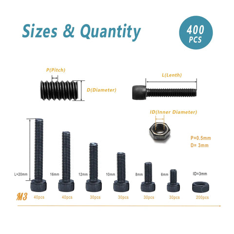 All In One M3 Hardware Kit 400Pcs Button Head Socket Cap Screws Bolts Nuts Set With 1 Hex Wrench, 304 Stainless Steel, M3 x6/8/10/12/16/20mm Ideal For Home Garage And Workshop Projects