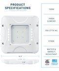 LED Canopy Light 150W 0-10V Dimmable 100-277V IP65 Waterproof ETL Listed 5700K Daylight 16.5 By 16.5 Inch Commercial Grade Shop Light