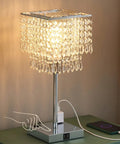 Dope Crystal Bedside Lamp With Dimmable Square Touch Control USB Ports And Dual Outlets Compact Nightstand Light