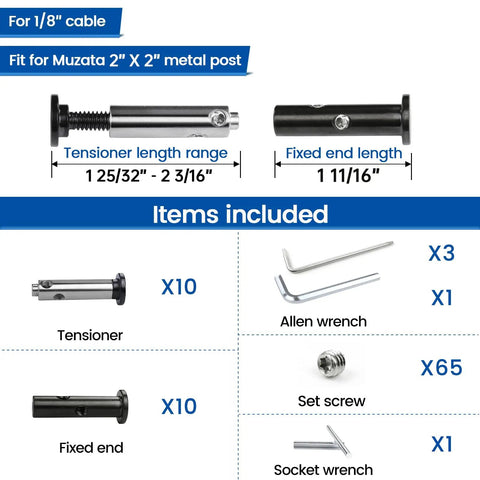One Eighth Inch Black Swageless Invisible Cable Railing Kit With Hardware No Crimper Needed And Reusable Swageless Fittings Tensioner And Terminal Hidden For Two By Two Inch Metal Posts In 316 Stainless Steel Cable Railing System diagram showing components and tools included