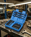 Tough As Hell 12 Piece Internal Bearing Extractor Tool Kit Heavy Duty Remover Set With Puller Rods And Sleeves Adapters For Garage Repairs 45 Steel Construction Makes Removing Stuck Bearings Simple For Auto Maintenance Jobs. Blue case with 12-piece bearing extractor kit in workshop