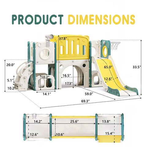 8 In 1 Toddler Climber And Slide Playset With Basketball Hoop For Indoor And Outdoor Fun, product dimensions illustration
