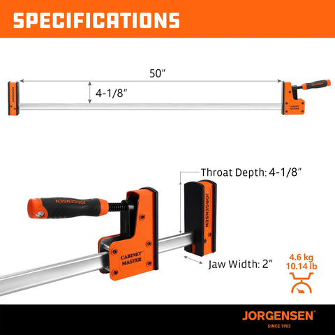 Specifications of Heavy Duty 50 Inch Parallel Bar Clamp Set For Woodworking Glue Ups Cabinet Master Clamps With 2200 Lbs Clamping Force Quick Release Spreader Function 2 Pack