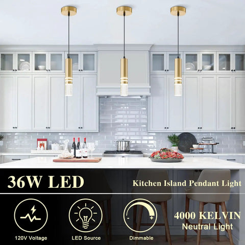 Gold Finish Pendant Light Fixtures 3 Pack LED Pendant Lights For Kitchen Island And Bar Hanging Lamps with Bubble Crystal