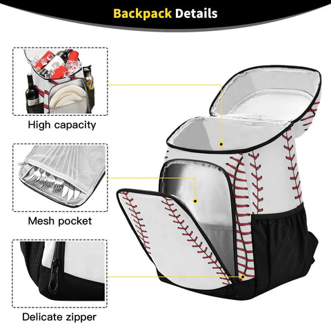 Sport Stripe Baseball Cooler Backpack open view with mesh pocket and high capacity compartments, 13x7.9x16.9 in size