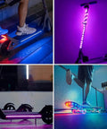 Collage of LED-lit scooters displaying 150ft RGB LED Strip Lights With App Control And Remote, Color Changing Mood Lighting.