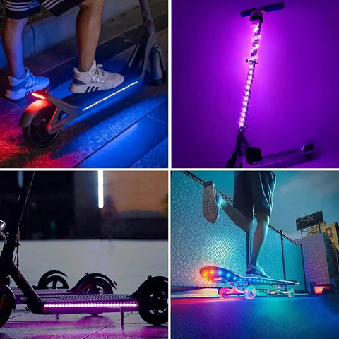 Collage of LED-lit scooters displaying 150ft RGB LED Strip Lights With App Control And Remote, Color Changing Mood Lighting.
