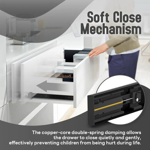 Person using soft close mechanism on cabinet drawer with 1 Pair Beefy Soft Close Drawer Slides Rails 12 14 16 18 20 22 24 Inches Full Extension Side Mount Cabinet Runners 100 Lb Load Capacity Ball Bearing Metal Dresser Glide Track Black.