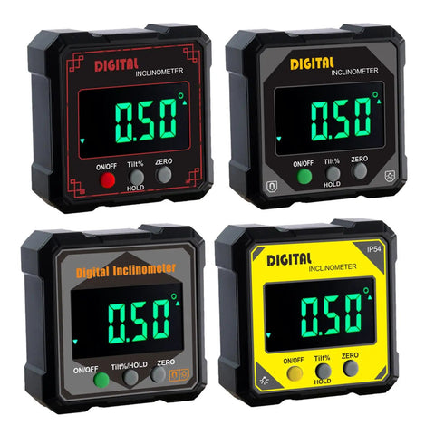 Tough As Nails Digital Angle Finder Crisp Readings Electronic Protractor in four colors, displaying 0.50° on digital screens.