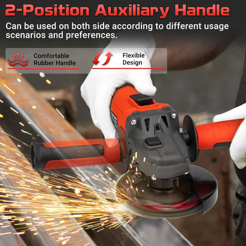 Angle grinder, 4-1/2 inch, orange body with black non-slip handle, 11000 RPM, grinding disc spinning with sparks