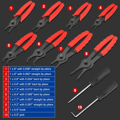 11 Piece Snap Ring Pliers Set With Straight And Bent Retaining Ring Pliers Long Reach Pliers With Hook And Pick For Circlip Removal