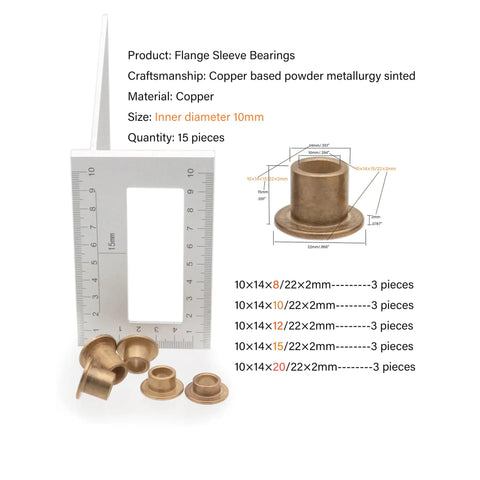 Shop Staple Flanged Sleeve Bearing Assortment Kit 15 Pcs Self Lubricating Bronze Bushings 10 Mm Inner Diameter with measurement ruler.