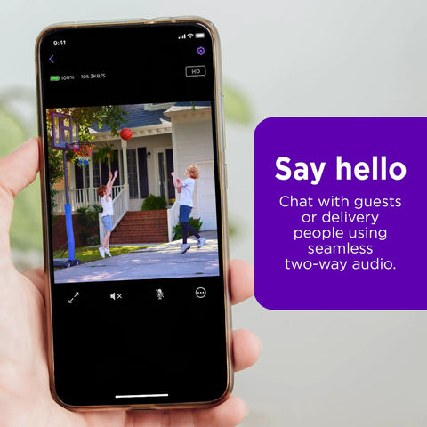 Smartphone displaying live feed from Outdoor Security Camera Weatherproof IP65 Wireless 1080p HD Night Vision With Motion Detection Works With Alexa And Google Assistant Base Station Included Renewed