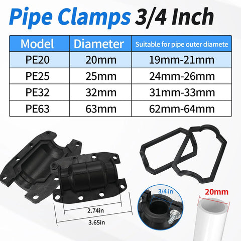 Pipe repair clamp kit, front view, 3/4 inch, two black plastic clamps with screws for 20mm OD pipes.