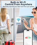 WiFi Smart Door Lock With Fingerprint And Passcode Knobs In Satin Nickel, remotely controlled, shown with a user and luggage.