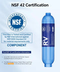 NSF certified RV water filter with certification details, blue inline hose filter for camper and pool, 2 pack