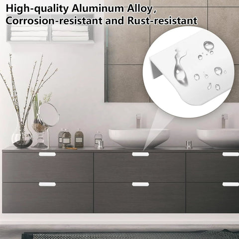 Installed view of Eight Pack Finger Edge Self Stick Cabinet Drawer Pulls 80mm White Concealed Handles on bathroom drawers.