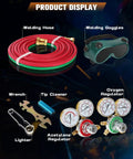 Portable Oxy Acetylene Torch Kit For Welding And Cutting With Nozzles Regulator Hose Gauges And Blue Case Brazing Set Gas Welding Tool, includes hoses, goggles, regulators, and wrench.