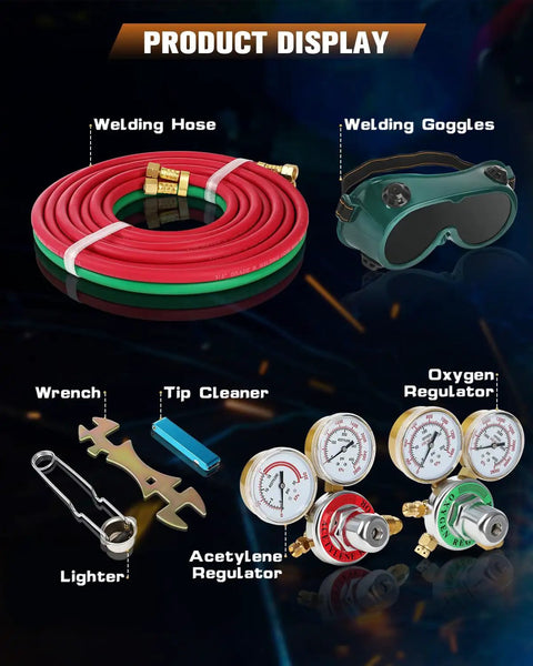 Portable Oxy Acetylene Torch Kit For Welding And Cutting With Nozzles Regulator Hose Gauges And Blue Case Brazing Set Gas Welding Tool, includes hoses, goggles, regulators, and wrench.