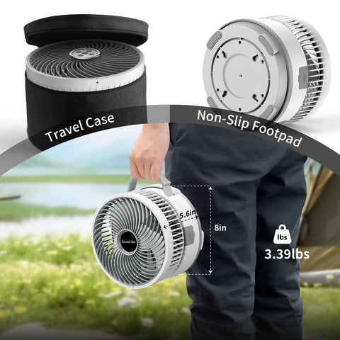 Person carrying 20000mAh Portable Fan With Battery, 8 Inch Oscillating Fan For Camping And Travel, with remote control, foldable, quiet operation.