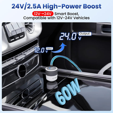 Starlink Mini Car Adapter 12V To 24V DC Step Up Converter With 60W Cigarette Lighter Power Boost, 24V/2.5A output